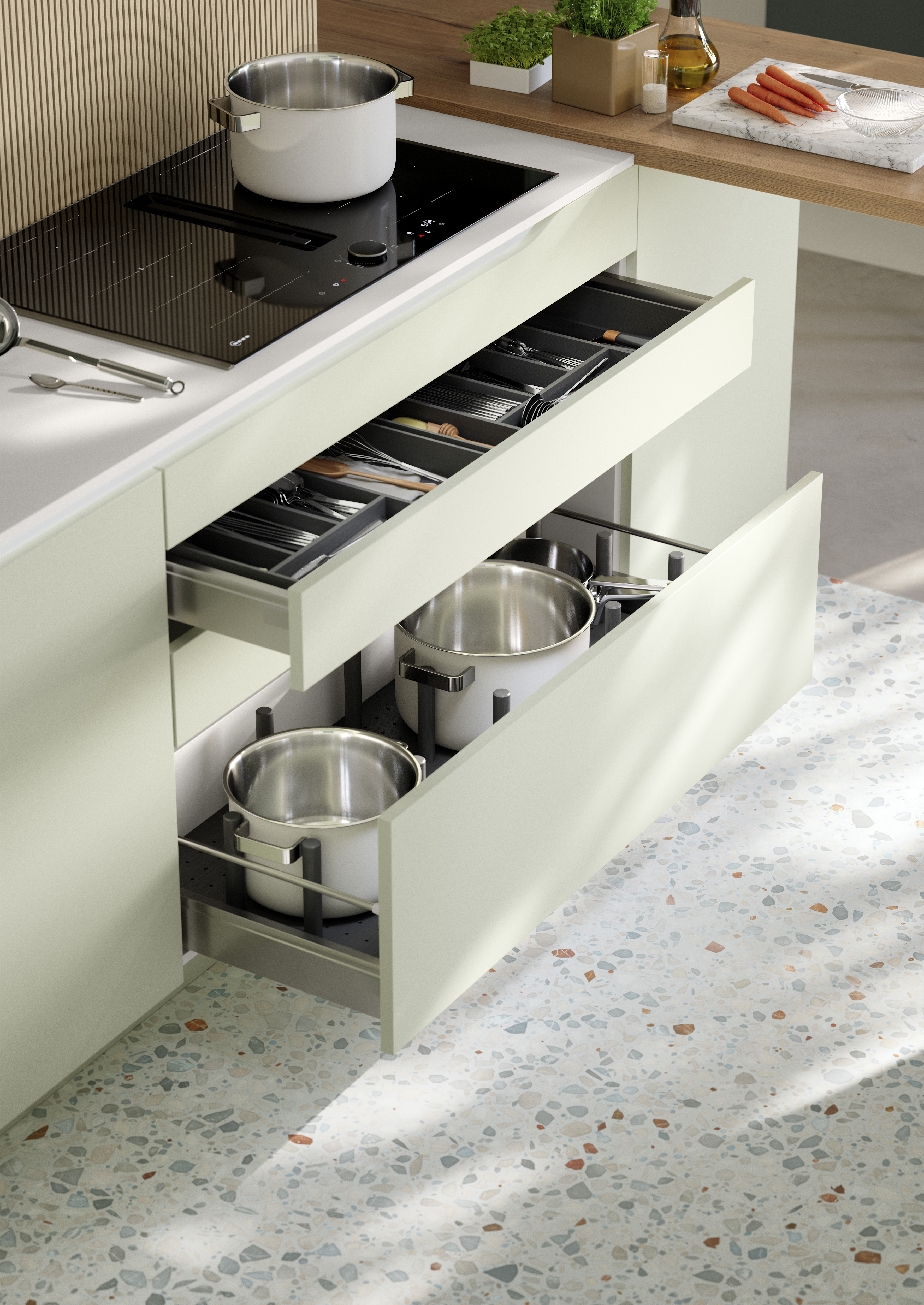 NOBILIA Jadegrün mit Neff Kochfeld - Fokus auf Schubladenelemente